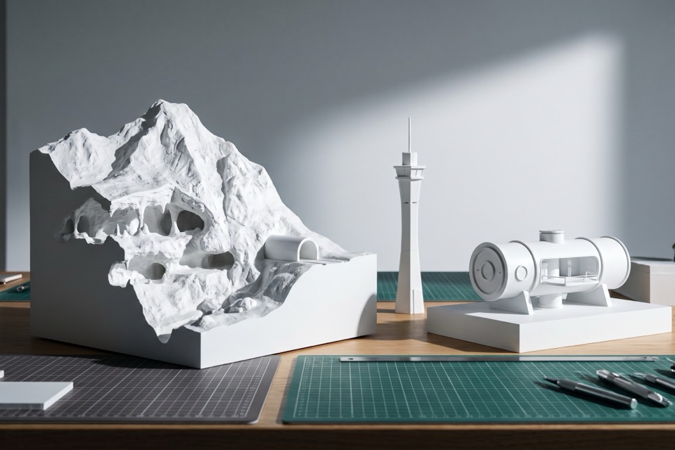 White study models of a cut-away mountain, a tower and an underwater station in the model workshop