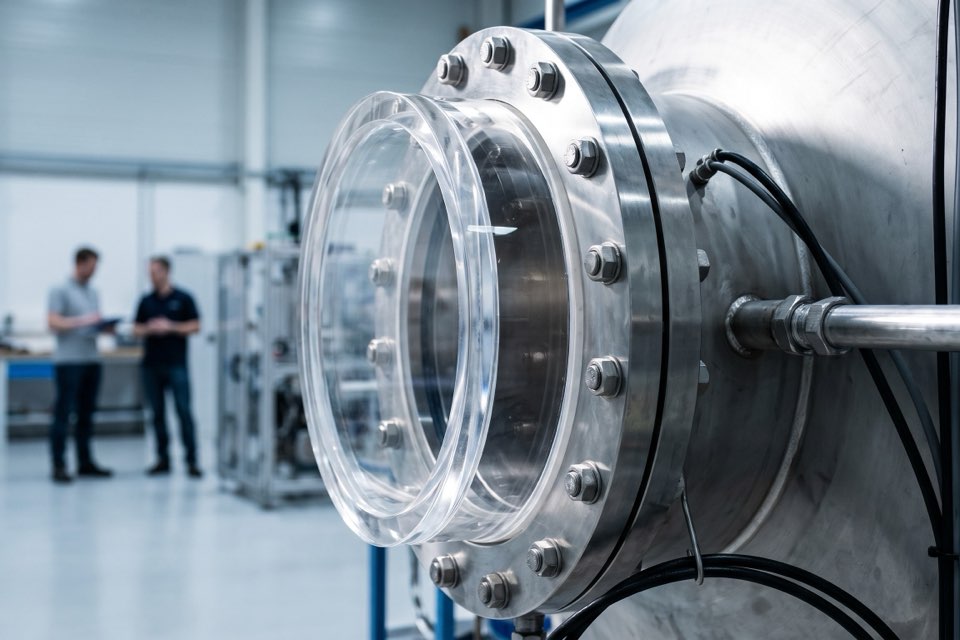 A full-size acrylic window section clamped into the pressure test tank
