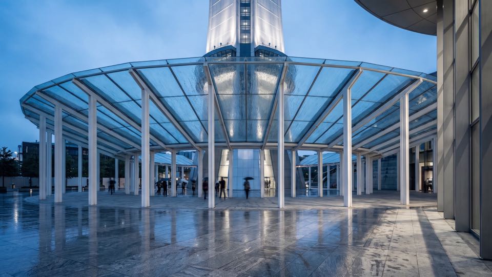 The covered plaza at the foot of the tower